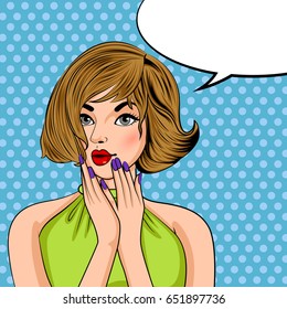 Vector design of Pop art style retro lady with chat bubble