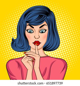 Vector design of Pop art style retro lady showing silence gesture