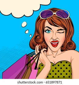 Vector design of Pop art style retro lady with Shopping Bag
