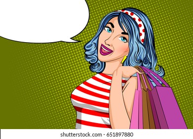 Vector design of Pop art style retro lady with Shopping Bag