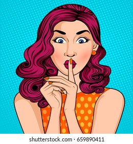 Vector design of Pop art style retro lady showing silence gesture