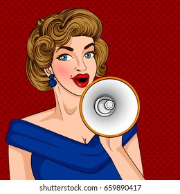 Vector design of Pop art style retro lady making announcement with megaphone