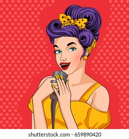 Vector design of Pop art style retro lady singing on microphone
