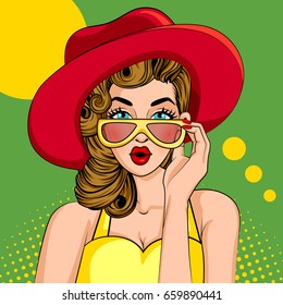 Vector design of Pop art style retro lady wearing sunglasses