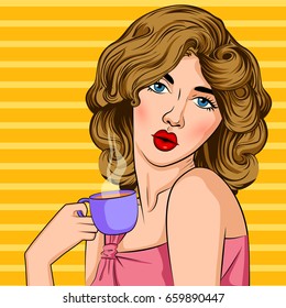 Vector design of Pop art style retro lady with coffee mug