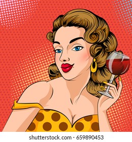 Vector design of Pop art style retro lady holding glass of wine
