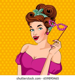 Vector design of Pop art style retro lady with party carnival mask