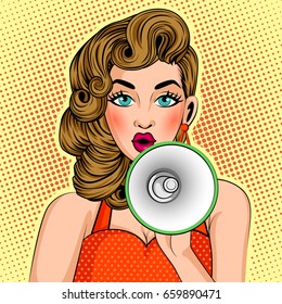 Vector design of Pop art style retro lady making announcement with megaphone