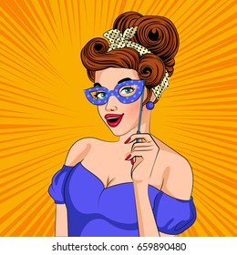 Vector design of Pop art style retro lady with party carnival mask