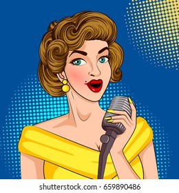 Vector design of Pop art style retro lady singing on microphone