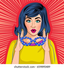 Vector design of Pop art style retro lady with party carnival mask
