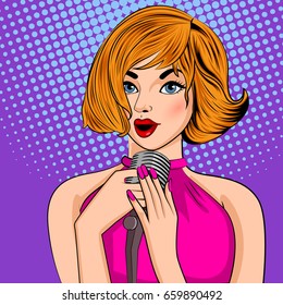 Vector design of Pop art style retro lady singing on microphone
