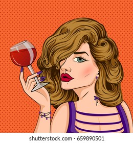 Vector design of Pop art style retro lady holding glass of wine
