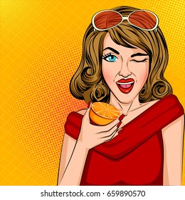 Vector design of Pop art style retro lady testing tangerine orange lemon