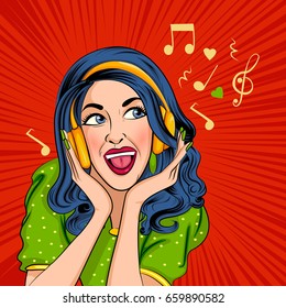Vector design of Pop art style retro lady listening music in headphone