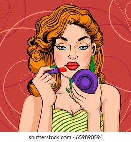 Vector design of Pop art style retro lady doing makeup with lipstick