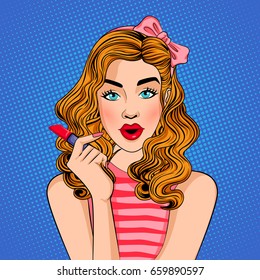 Diseño vectorial de la dama retro estilo pop maquillaje con lápiz labial