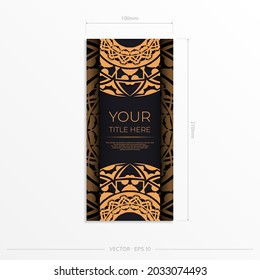 Vector design of postcard in black color with orange ornament. Invitation card design with space for your text and abstract patterns.