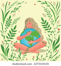 vector design for postcard, poster, banner, flyer about Flat design mother earth day celebration, blond girl hugging the globe