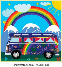 Vector design postcards or vector illustration depicting retro bus on the background of mountain scenery with the six-color rainbow.