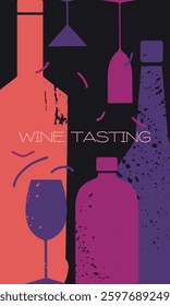 Vector design poster bar, restaurant menu. Wine tasting, flat illustration of alcohol bottle, glasses, dark background, inscription
