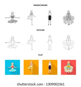 Vector design of posture and mood icon. Set of posture and female vector icon for stock.