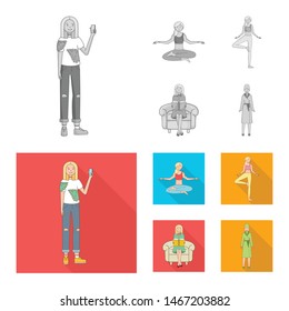 Vector design of posture and mood icon. Set of posture and female vector icon for stock.