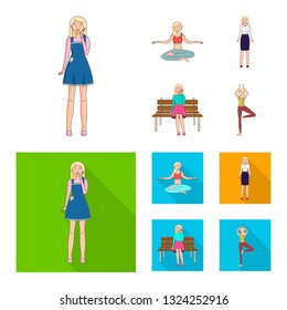 Vector design of posture and mood logo. Set of posture and female vector icon for stock.