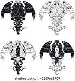 Vector design of praying angel with a halo, seraph with six wings surrounded with a ribbon, archangel with a halo and feathers, angel of the catholic religion