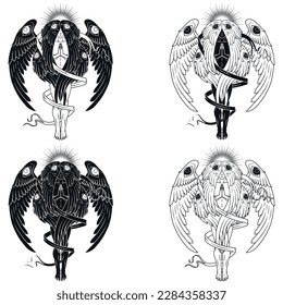 Vector design of praying angel with a halo, seraph with six wings surrounded with a ribbon, archangel with a halo and feathers, angel of the catholic religion