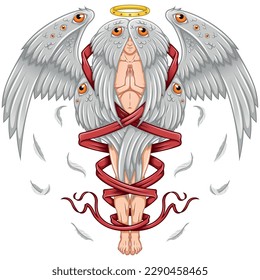 Vector design of praying angel with a halo, seraph with six wings surrounded with a ribbon, archangel with a halo and feathers, angel of the catholic religion