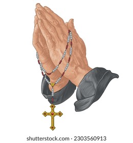 Vector design of praying hands with christian rosary, symbol of catholic religion