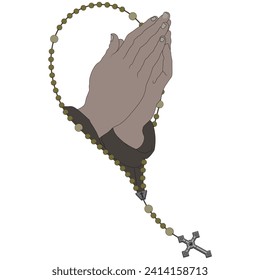 Vector design of praying hands with christian rosary, symbol of catholic religion