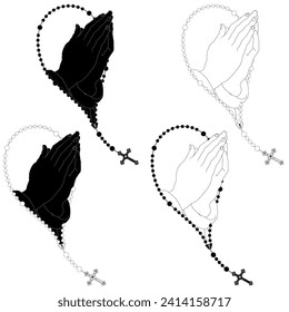 Vector design of praying hands with christian rosary, symbol of catholic religion