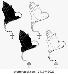 Vector design of praying hands with christian rosary, symbol of catholic religion