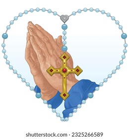 Diseño vectorial de manos rezando con rosario en forma de corazón, rosario con cruz cristiana, símbolo de religión católica