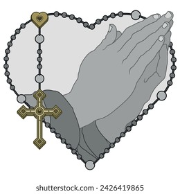 Diseño vectorial de Manos Orantes con rosario en forma de corazón, rosario con cruz cristiana, símbolo de la religión católica