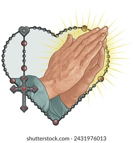 Diseño vectorial de Manos Orantes con rosario en forma de corazón, rosario con cruz cristiana, símbolo de la religión católica