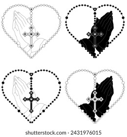 Diseño vectorial de Manos Orantes con rosario en forma de corazón, rosario con cruz cristiana, símbolo de la religión católica