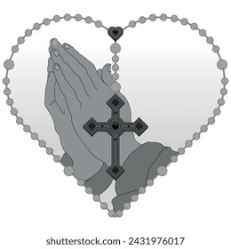 Diseño vectorial de Manos Orantes con rosario en forma de corazón, rosario con cruz cristiana, símbolo de la religión católica