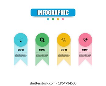 Vector design presents a business infographic template with 4 options. Concept infographic circles, rectangles come together to presents four steps. Use infographic workflow layout, banner, website.