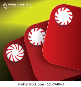 Vector design of price tag series. Red candy Christmas edition of abstract geometric rounded rectangle scalable 3d vector composition of sheets for: infographics, brochure, web design, or page layout