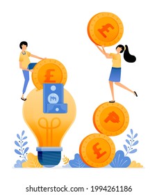 Vector Design of prices for saving ideas and financial literacy. people holding coins and put money into light bulb. illustration Can be for websites, posters, banners, mobile apps, web, social media
