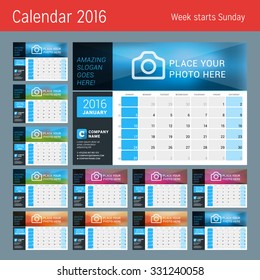 Vector Design Print Calendar Template for 2016 Year. Place for Photo, Logo and Contact Information. Week Starts Sunday. Calendar Grid with Week Numbers and Place for Notes. Set of 12 Months