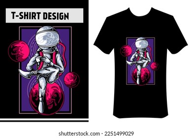 vector design for print, illustration of astronaut drinking coffee in space using a cup between planets. modern vector design, in cyber punk colors. great for t-shirts, clothing, merchandise, hoodies.