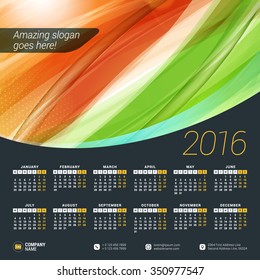 Vector Design Print Template with Abstract Background. Calendar for 2016 Year. Week Starts Monday