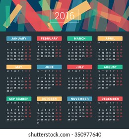 Vector Design Print Template with Abstract Background. Calendar for 2016 Year. Week Starts Monday