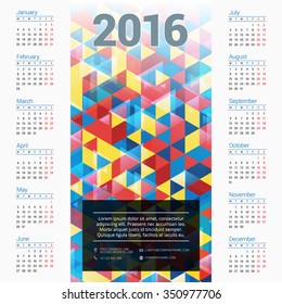 Vector Design Print Template with Abstract Background. Calendar for 2016 Year. Week Starts Monday