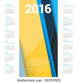 Vector Design Print Template with Abstract Background. Calendar for 2016 Year. Week Starts Sunday