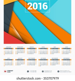 Vector Design Print Template with Abstract Background. Calendar for 2016 Year. Week Starts Sunday
